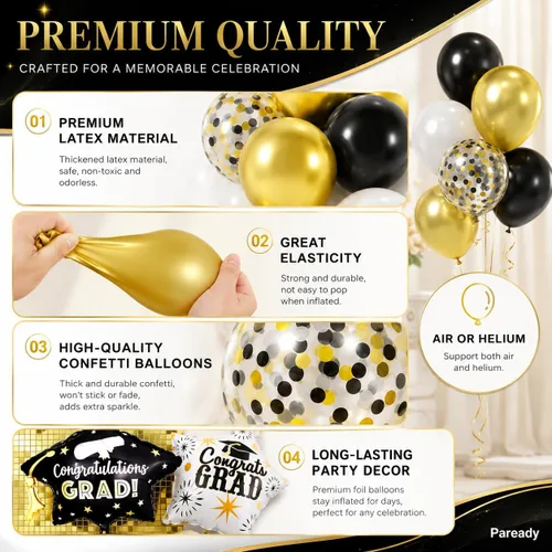 Vista 3 de Kit de Arco de Globos Paready Graduación 2025, 120 Piezas de Arco de Globos Graduación Negro y Dorado, Globos de Confeti Negro y Dorado Metálicos