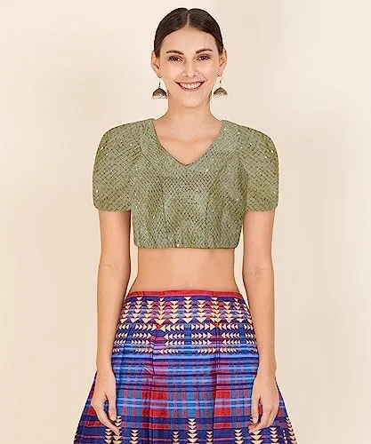 Vista 3 de PARUL TEXTILE INDUSTRY Blusa de seda artística con espejo para mujer, media manga, ajuste regular, talla libre (dorado), Dorado