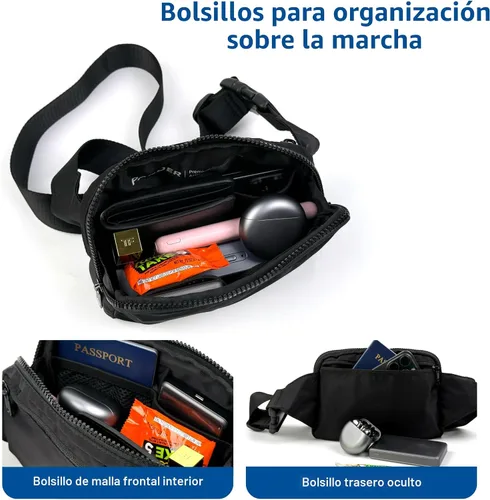 Vista 6 de Bolsa de Cinturón Pander Grande 2L, Riñonera de Nylon para Mujeres y Hombres con Correa Ajustable Negro Onyx