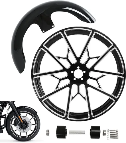 Vista 122 de TCMT Llanta de rueda delantera de 21", buje de rueda de brida de doble disco con guardabarros delantero negro sin pintar, compatible con modelos