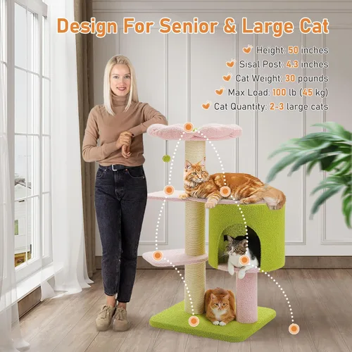 Vista 3 de MUTTROS Árbol para gatos de flores rosas de 50 pulgadas para gatos grandes y pesados, torre Maine Coon para gatos con postes rascadores extra