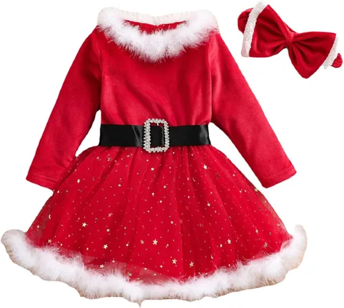 Vista 7 de BBAUER Disfraz de Santa Claus, vestido de manga larga de Xmmas Mrs. Claus, traje de Papá Noel con ribete fruncido, lazo rojo de la señora Claus