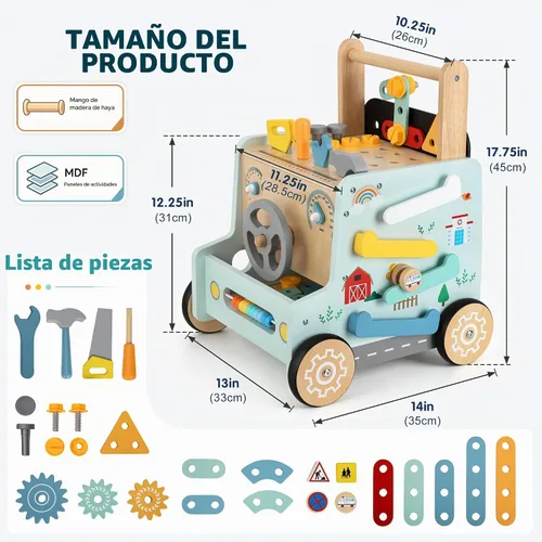 Vista 2 de Andador de madera para bebés, banco de herramientas de empuje de juguete
