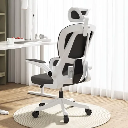 Vista 10 de Silla de oficina de malla, ergonómicas de respaldo alto con ruedas y reposacabezas ajustables, cómodos brazos abatibles para el hogar, dormitorio