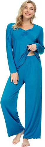 Vista 3 de NACHILA Conjunto de pijama de bambú de manga larga para mujer, conjunto de pijama suave, pantalones de descanso, talla XXL