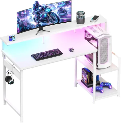 Vista 9 de AODK Escritorio para juegos de 48 pulgadas con luces LED y soporte para CPU