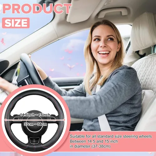 Vista 5 de Funda negra para volante de automóvil, antideslizante, transpirable, cómoda, de cuero PU, lindo protector universal, accesorios interiores