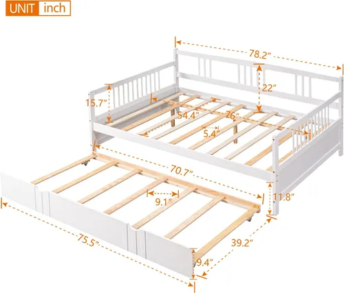 Vista 2 de Sofá cama de madera maciza, marco de sofá cama de madera completa, cama de madera con cama nido de tamaño individual, sofá cama con cabecero