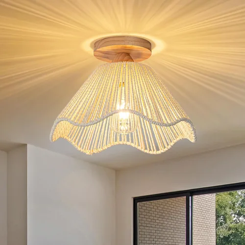 Vista 12 de Lámpara de Techo de Ratán Boho - Mini Candelabro de Montaje Empotrado Accesorio de Luz Tejido para Dormitorio, Pasillo, Entrada, Baño, Guardería