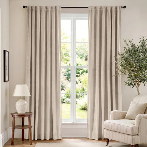 Vista 74 de Lazzzy Cortinas opacas de terciopelo beige de 84 pulgadas de largo con aislamiento térmico para oscurecer la habitación, cortinas forradas de lujo
