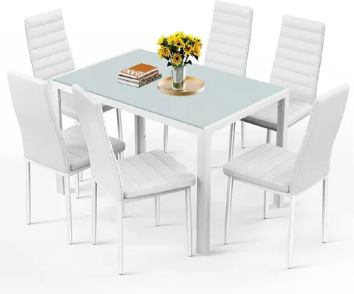 Vista 2 de Bealife - Juego de mesa de comedor de cocina para 6, vidrio templado Blanco