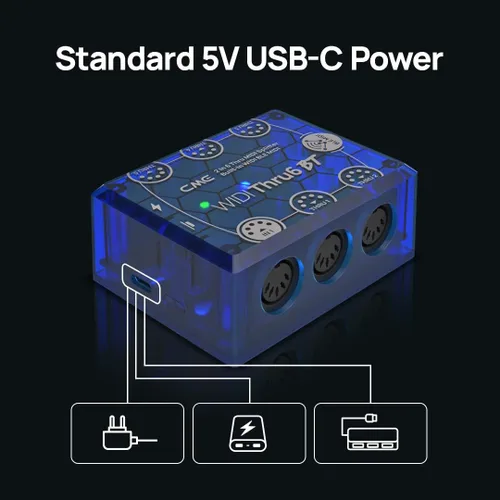 Vista 5 de CME WIDI Thru6 BT - MIDI Thru/Split de 2 entradas y 6 salidas con DIN de 5 pines y MIDI Bluetooth - tecnología a prueba de futuro, transferencia