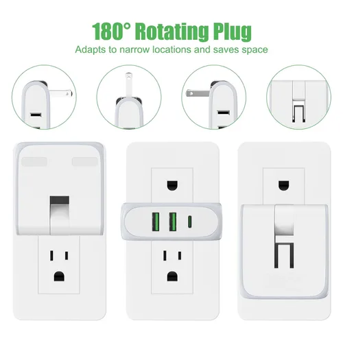 Vista 2 de Extensor de salida de pared plana con puertos de carga USB, tira de alimentación giratoria de 180°, 2 puertos USB, enchufe plegable de 2 clavijas