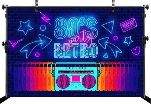 Vista 3 de Telón de fondo retro de 5 x 3 pies para fiesta de los años 80 con letras de neón Boombox, cinta de cassette de ladrillo para fiesta temática