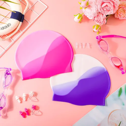 Vista 6 de 8 Pack Kids Swim Caps for Girls, Silicone Swimming Cap for Age 6-14 with Goggles Ear Plug Nose Clip for Children Boys Girls