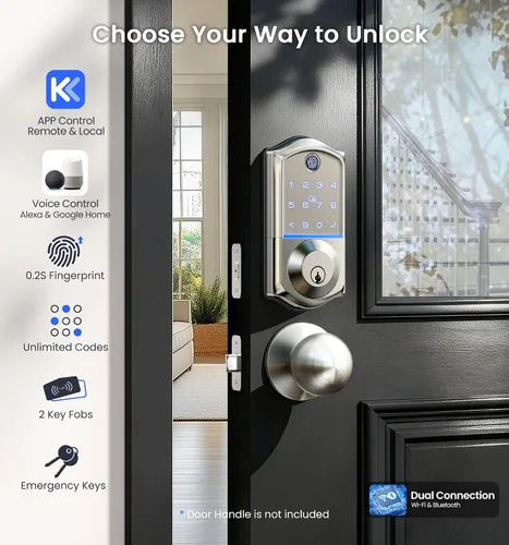 Vista 2 de Veise VE017G - Cerradura de puerta de entrada sin llave Wi-Fi, control remoto de aplicación y control de voz, cerraduras inteligentes de huellas