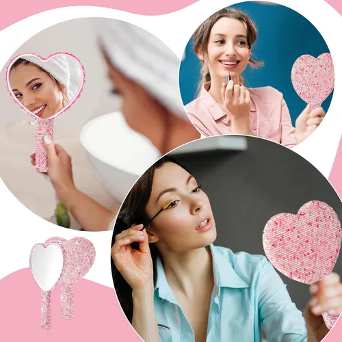 Vista 6 de Thyle Juego de 4 piezas de espejo de mano con diamantes de imitación y cepillo para el cabello, 2 bonitos espejos en forma de corazón, 2 cepillos