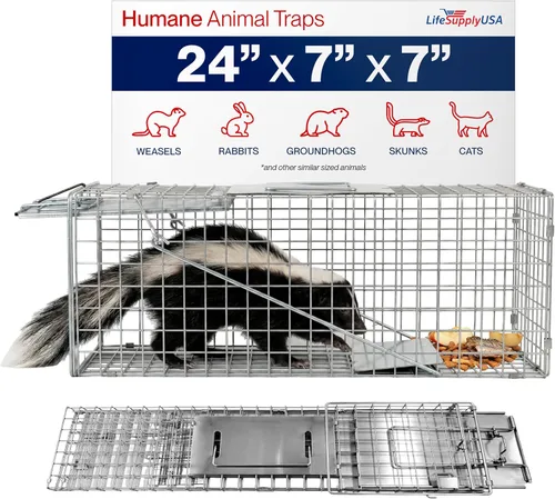 Vista 11 de Trampa humana para gatos callejeros de 24 pulgadas, jaula de animales vivos para gatitos salvajes, zarigüeya, mapache, conejo, armadillo, trampa