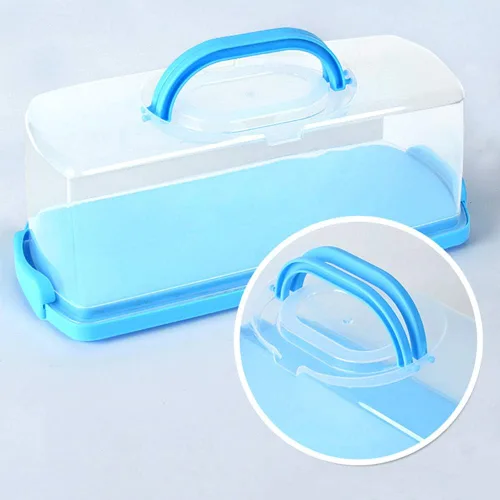 Vista 4 de Panera portátil con asa, contenedor de plástico rectangular para almacenamiento de alimentos, cúpula translúcida de 13 pulgadas para pasteles