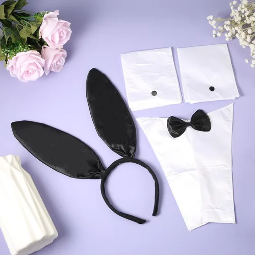 Vista 3 de LUTER 4 accesorios de disfraz de conejo para mujer, juego de disfraz de conejo, diadema de orejas de conejo, collar de corbata con 2 puños de conejo