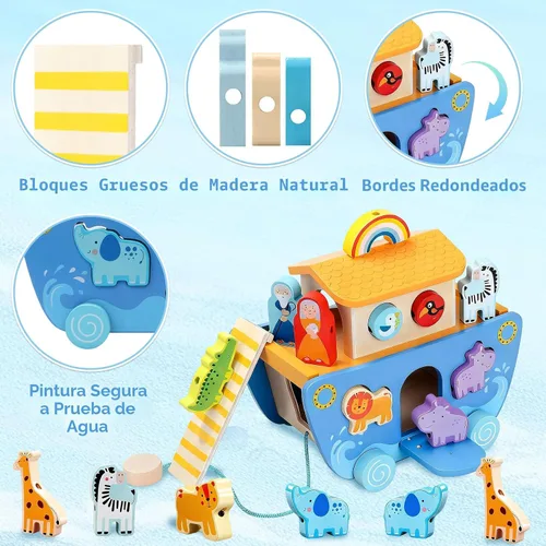 Vista 3 de Tooysea - Arca de Noé de madera con clasificador de formas de animales, regalos de bautismo para niños de 1, 2, 3, 4 años, juguetes Montessori