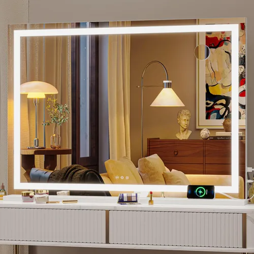 Vista 44 de Hasipu Espejo de tocador con luces, espejo LED de maquillaje de 31.5 x 22 pulgadas, espejo de maquillaje iluminado con 3 modos regulables, espejo