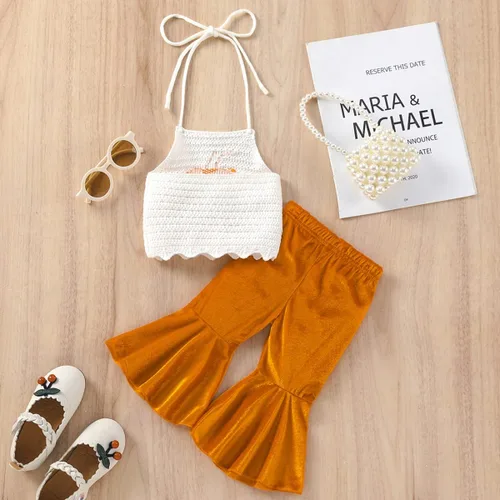 Vista 3 de Conjunto de 2 piezas de ropa de Halloween para niña de manga largahalter con estampado de calabaza