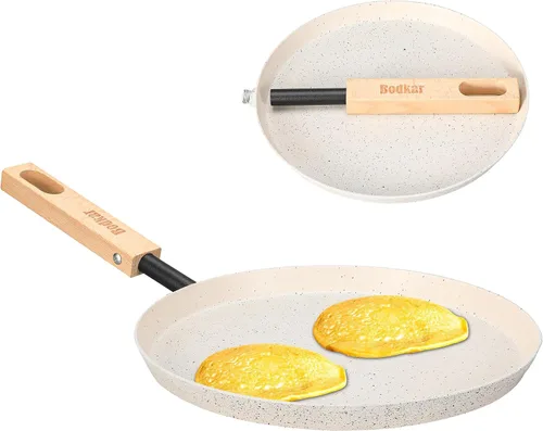 Vista 10 de bodkar Sartén de 8 pulgadas para freír y saltear, sartén plana para crepas, parrilla ligera con mango de madera para cocinar al aire libre y en Negro