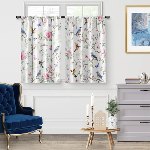 Vista 3 de Jekeno Bird Floral Butterfly Kitchen Curtains Spring Garden Floral Bird Branch Tier Short Rod Pocket Window Drapes for Kitchen Cafe Bathroom 2