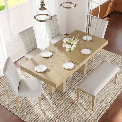 Vista 39 de Juego de mesa de comedor rústica de 6 piezas con mesa rectangular de caballete y 4 sillas tapizadas y banco, juego de mesa de comedor de cocina