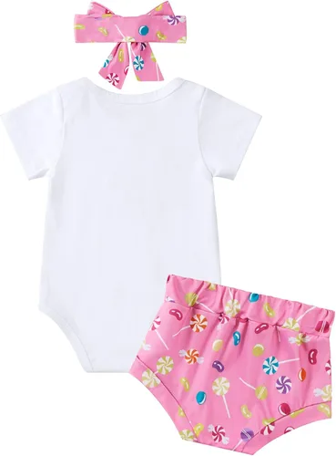 Vista 2 de ESHOO Conjunto de mameluco para bebé niña con estampado de caramelo, pantalones acampanados, diadema