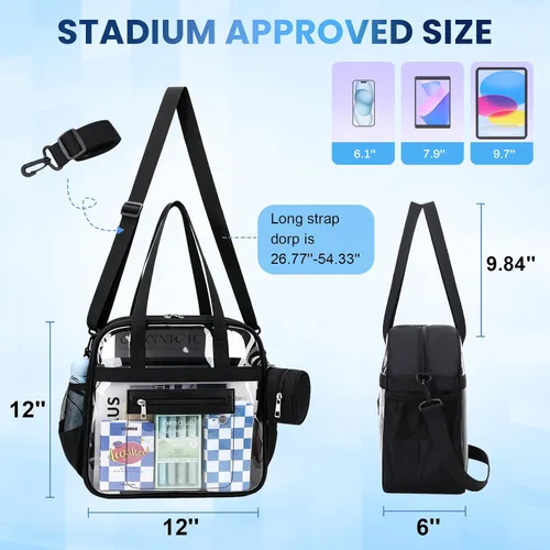 Vista 3 de Clear Tote Bag for Women 12x6x12 Stadium Approved Transparent Crossbody Bag with Multi Pockets for Sports Concerts