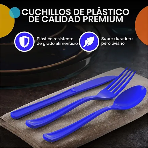 Vista 4 de Party Solids 200 piezas de cubiertos de plástico - Cubiertos desechables resistentes en azul oscuro