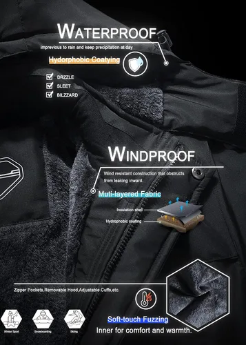 Vista 7 de OTU - Chaqueta de esquí impermeable para mujer, cortavientos, abrigo de nieve con capucha para invierno
