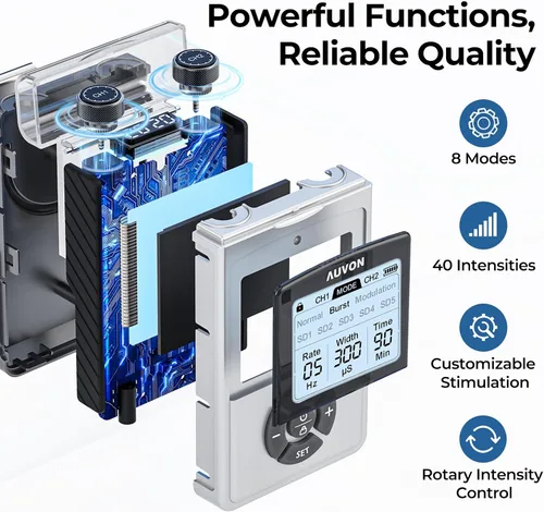 Vista 10 de AUVON - Unidad TENS Digital Recargable, Estimulador Muscular con Batería de 600 mAh, Máquina TENS con 8 Modos Personalizables, Masajeador Eléctrico
