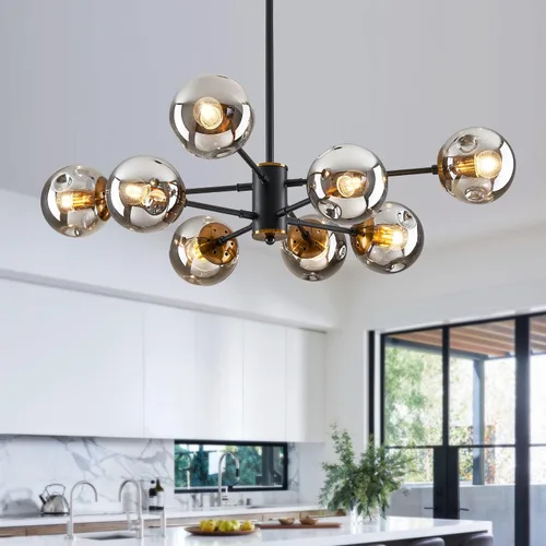 Vista 18 de DDLLDESHI Lámpara de araña de 6 luces dorada con cubierta esférica de vidrio Sputnik, lámpara de techo de 34" de gran tamaño para comedor, lámparas