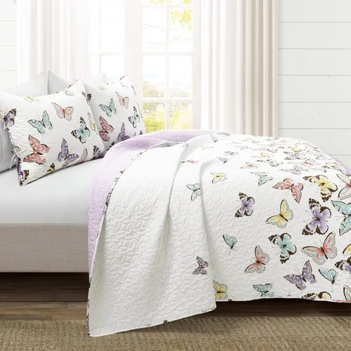 Vista 2 de Lush Decor Flutter Butterfly - Juego de edredón de 2 piezas, bonito cubrecama acolchado, lila, tamaño individual