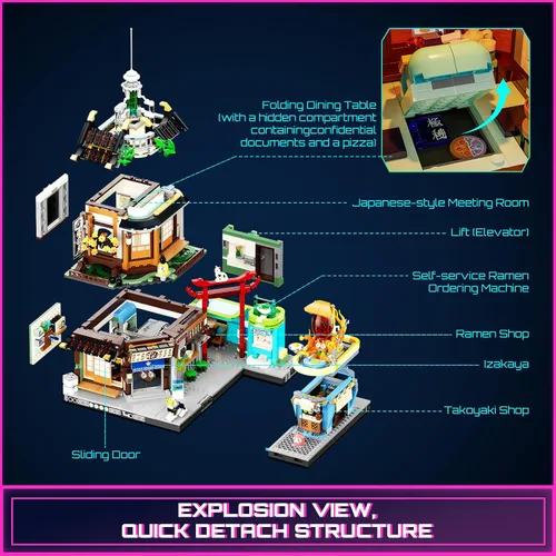Vista 4 de FUNWHOLE Cyberpunk - Juego de iluminación japonesa Izakaya - Juego de ladrillos de construcción - Cyberpunk Neon City Future Pub Japanese Street