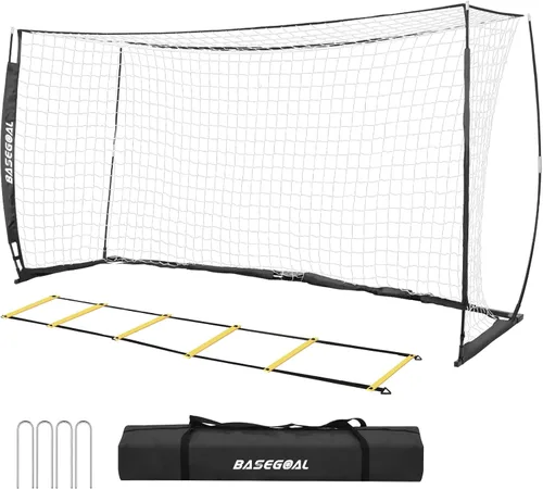 Vista 9 de BaseGoal Portería de Fútbol, Red de Fútbol, Porterías de Fútbol para Patio Trasero, con Marco de Lazo, Base Metálica Plegable y Escalera de Agilidad