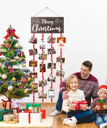 Vista 3 de Soporte de Exhibición para Tarjetas de Navidad, Decoración de Pared de Navidad, Marco de Fotos de Navidad de Madera con 30 Clips para Colgar Fotos
