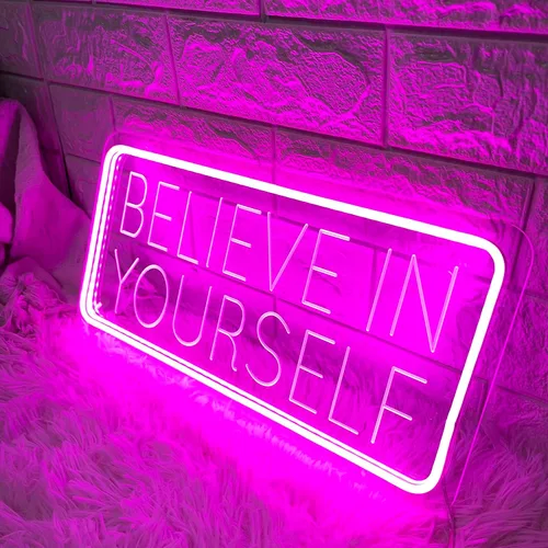 Vista 4 de Letrero de neón con texto en inglés "Believe in Yourself", para decoración de pared de habitación, tallado en 3D, luz LED, luz rosa, funciona