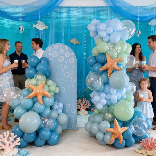 Vista 7 de Kit de guirnalda de arco de globos bajo el mar con globos de papel de aluminio de estrella azul polvoriento, verde pastel, arena y blanco