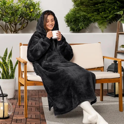 Vista 2 de PAVILIA Manta con Capucha para Mujeres, Manta Sherpa Usable para Hombres, Sudadera Cálida de Gran Tamaño, Manta con Capucha y Suéter, Negro
