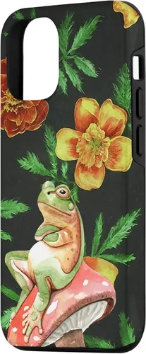 Vista 2 de iPhone 15 Frog on Mushroom Marigolds Orange Yellow Plant Pattern Case