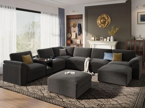 Vista 123 de EASE MOOSE Sofá modular verde seccional de gran tamaño en forma de L Pana verde