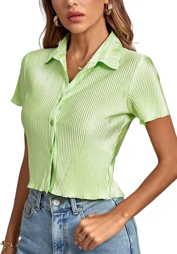 Vista 4 de LYANER Blusa corta de manga corta con cuello en V y botones para mujer