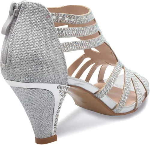 Vista 3 de Olivia K Sandalias de vestir con tiras de diamantes de imitación para mujer, tacón bajo, zapatos de boda con purpurina blanca, adorable, cómoda