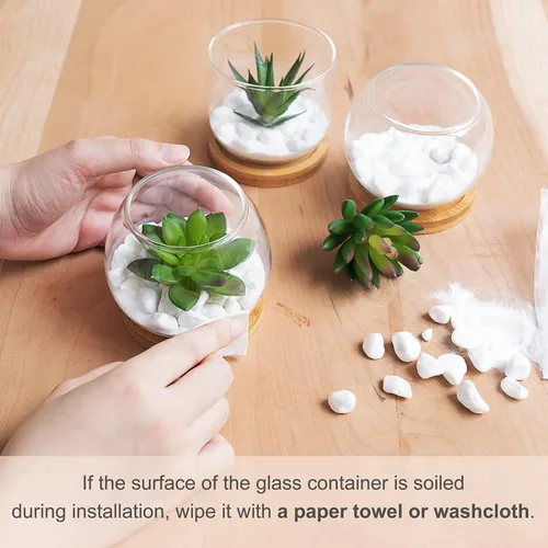 Vista 4 de Mkono - Suculenta Artificial en Maceta de Vidrio Transparente, 3 Mini Plantas Falsas en Maceta para Mujeres, Decoración de Oficina, Pequeña Planta