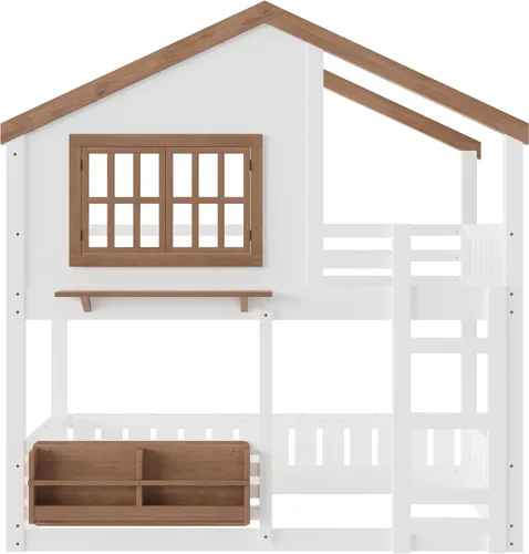 Vista 6 de Cama de Casa Tamaño Twin con Elegantes Ventanas y Estantería, Marco de Litera con Diseño de Castillo de Madera con Barandillas de Seguridad