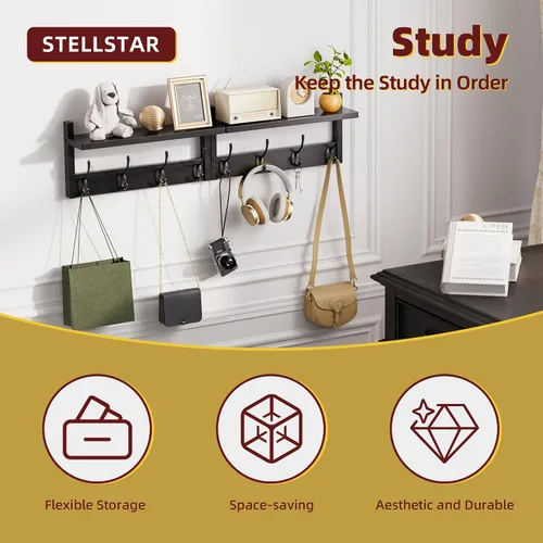 Vista 5 de STELLSTAR Perchero con estante, paquete de 2 perchas de bambú para montar en la pared con 8 ganchos para entrada, pasillo, cocina, baño, sala